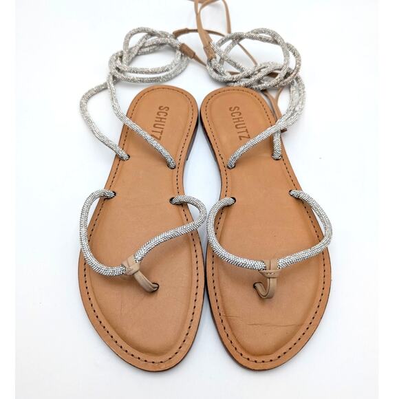 Schutz Kittie Glam Casual Flat Sandals Women's Silver/Beige Size US8B EU38.5 - Picture 4 of 14